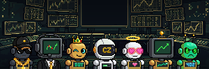 Seven pixel robots standing in a dark crypto trading room